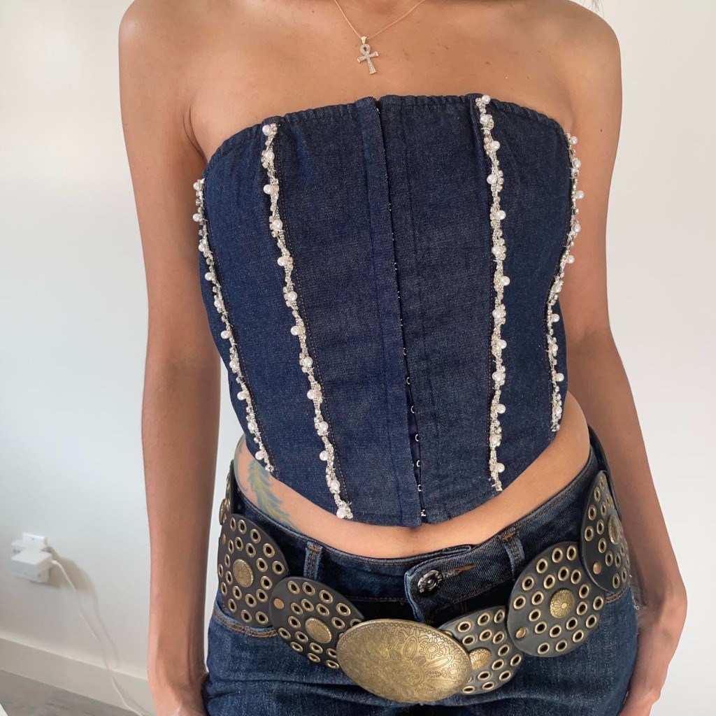 Ohs Rhinestone Denim Corset Top